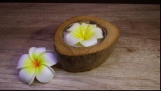 originální svícen z kokosového ořechu s přírodním parafínem a květinou